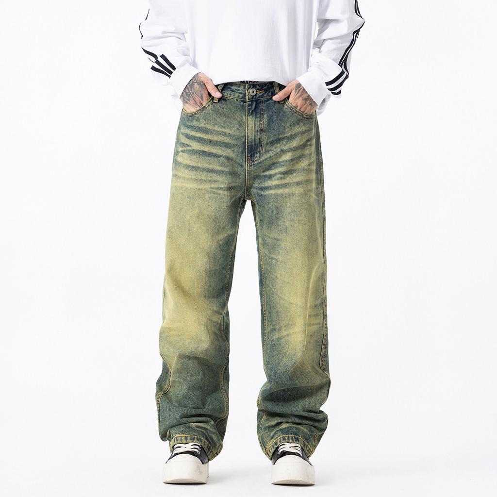 High Street retro washed old jeans men's trendy brand loose big straight denim drape wide leg trousers men