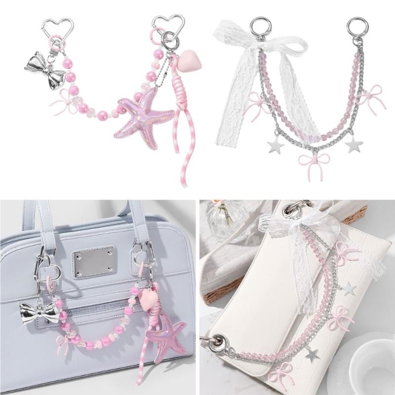 Stylish Beaded PU Leather Lace Bows Bag Charm Elegant Handbag Accessory Bags Keychain Holder For Women Girls