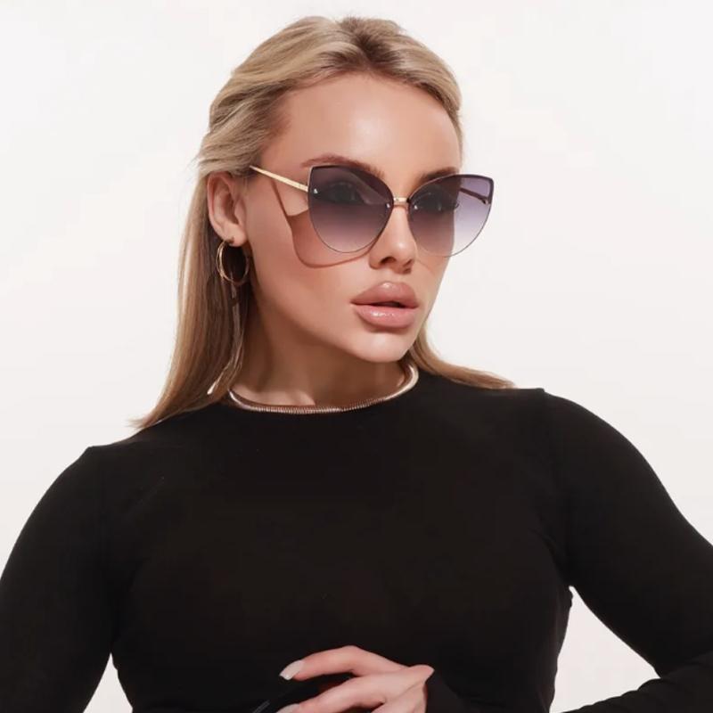 2pcs Frameless Large Cat Eye Sunglasses Gradient Lens Sun Glasses Trendy Metal Frame Eyeglasses Women Shades Men UV400