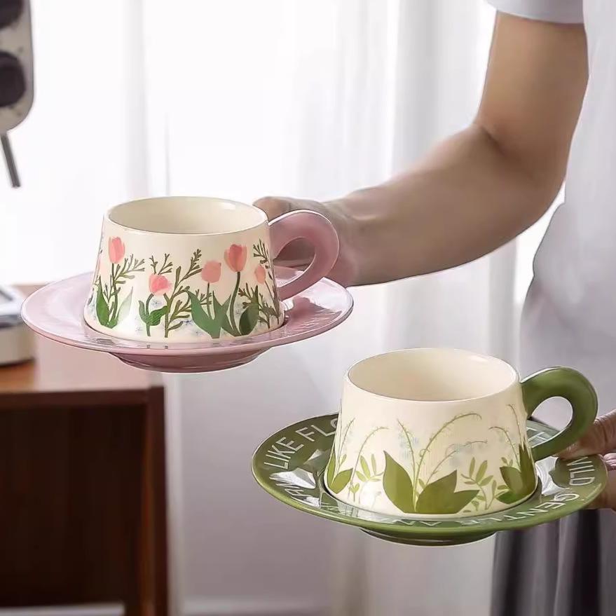 Pastoral Style Ceramic Coffee Cup Saucer Set Internet Celebrity Afternoon Tea Cup Dessert Combination High End Feeling Fresh Literary Romantic