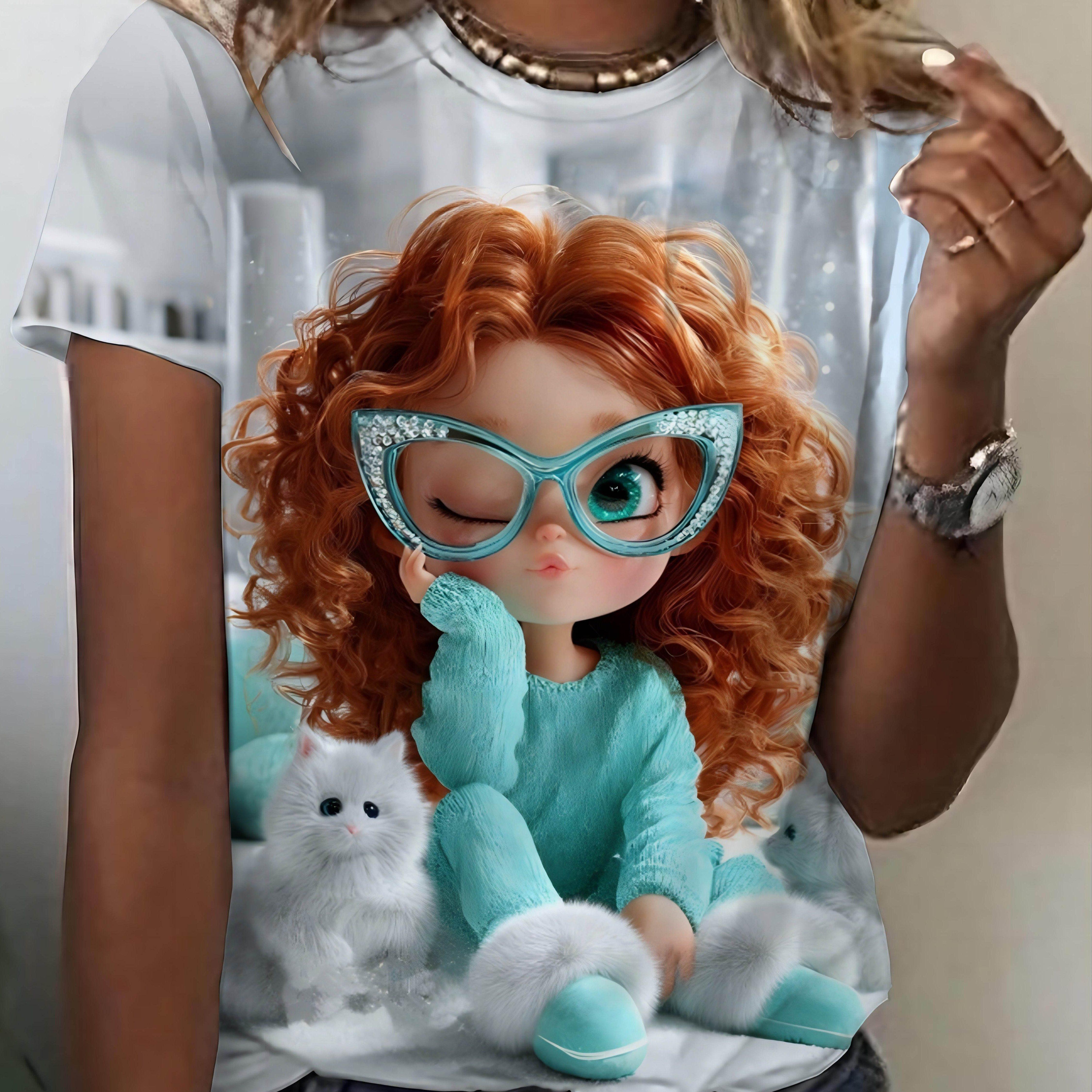 

Large Size Women S Digital Printed Short Sleeved T-shirt Crew Neck Slight Stretch Fabric, Regular Sleeve, All Seasons XL