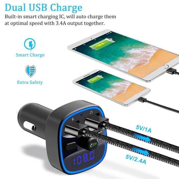 Transmetteur FM Bluetooth - Adaptateur Radio - Chargeur Voiture - Dual USB - Appel Mains Libres - Noir