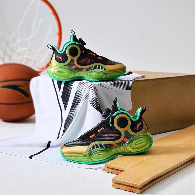 Anta Kids Asymmetrical 3 Shock Absorbing Wear Resistant Breathable Mid Top Basketball Shoes Kids Basketball Shoes Black Gold 312331102-5