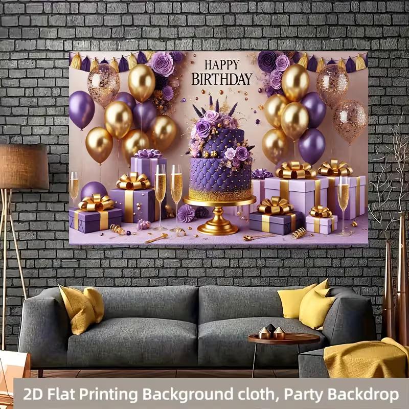 2D Purple Gold Luxury Birthday Backdrop Banner 8ft Wide Happy Birthday Party Decor Background