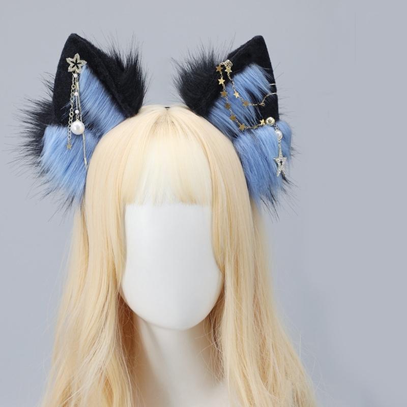 Wolf Ears Handmade Animal Furry Kitten Headband Star Tassels for Masquerade