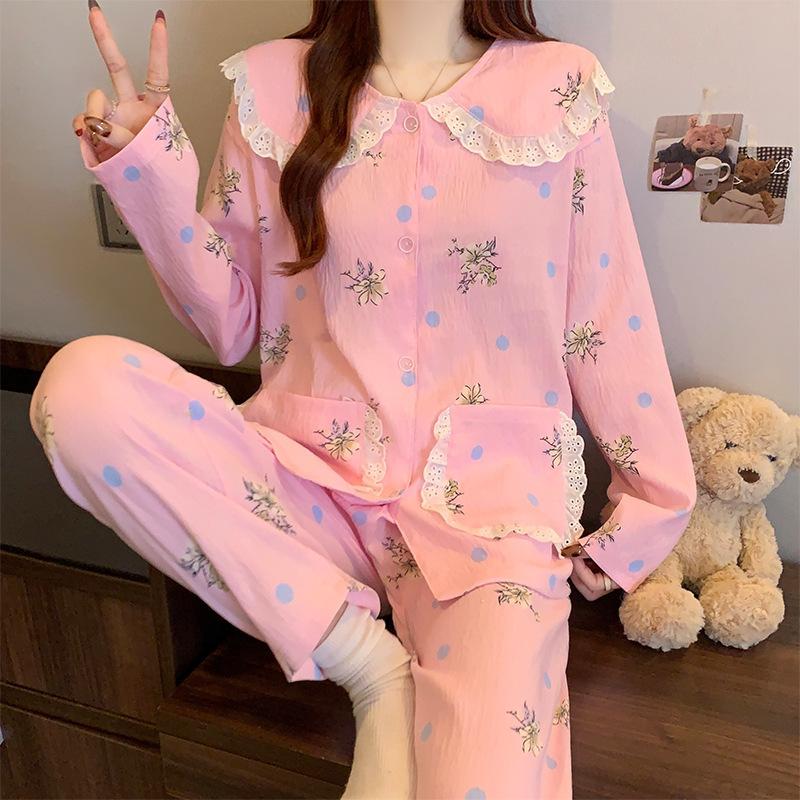 Pajamas Women'S Spring And Autumn Cute Doll Collar Girl Suit Can Wear Cloud Cotton Long-Sleeved Loungewear