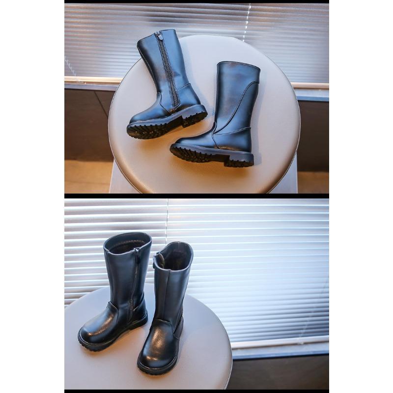 Bottes en cuir simples pour enfants à la mode Bottes longues pour filles Bottes en cuir Bottes en coton chaudes en polaire