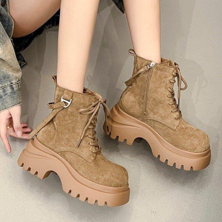 Side zipper short boots 2025 autumn new retro locomotive boots small thick sole heightening lace-up Martin boots women
