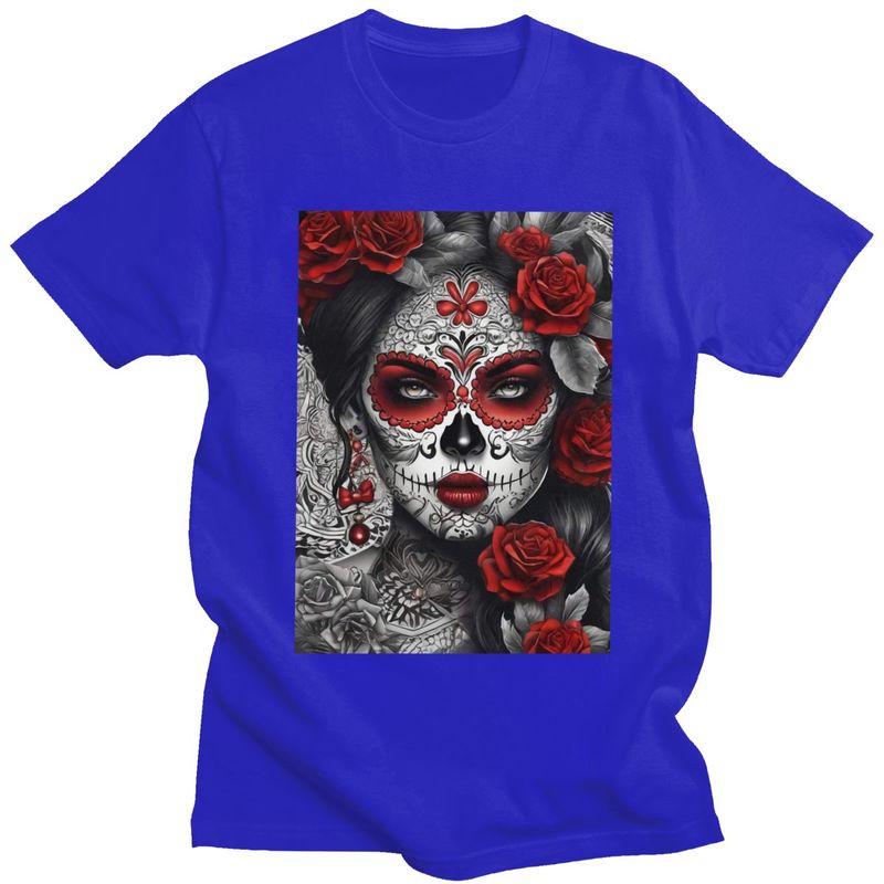 Custom Mexican Catrina Sugar Skull Lady Tshirt for Men Short Sleeves Casual T Shirt Tshirts Slim Fit Pure Cotton Tees Gift
