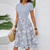 Women's Casual Fashion Belted Floral Print Short Sleeve Round Neck Elegant Dress