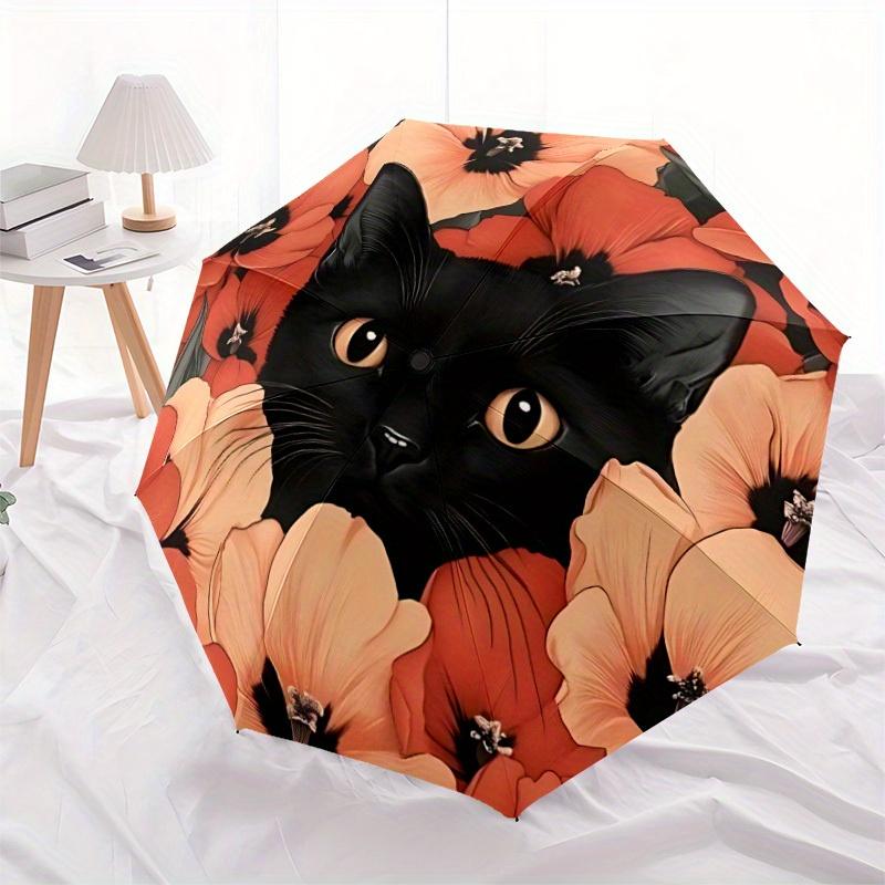 1 Stück Blumige Katze Automatisches Öffnungs-/Schließschirm mit Winddichtem, Funktionalem Design, Stabiles 8-Rippen-Dach