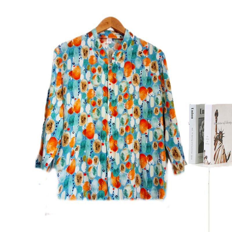 Cotton Silk Printed Standing Collar Cardigan Long Sleeve Women's Shirt Summer Thin Comfortable Breathable Rayon Top