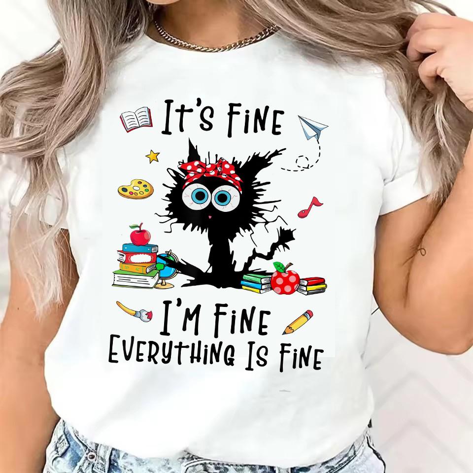 Fashion I Am Fine Sarcastic Cat Print Short Sleeve Printed T Shirt Clothing Women's T-Shirt Clothing Female Top Tee
