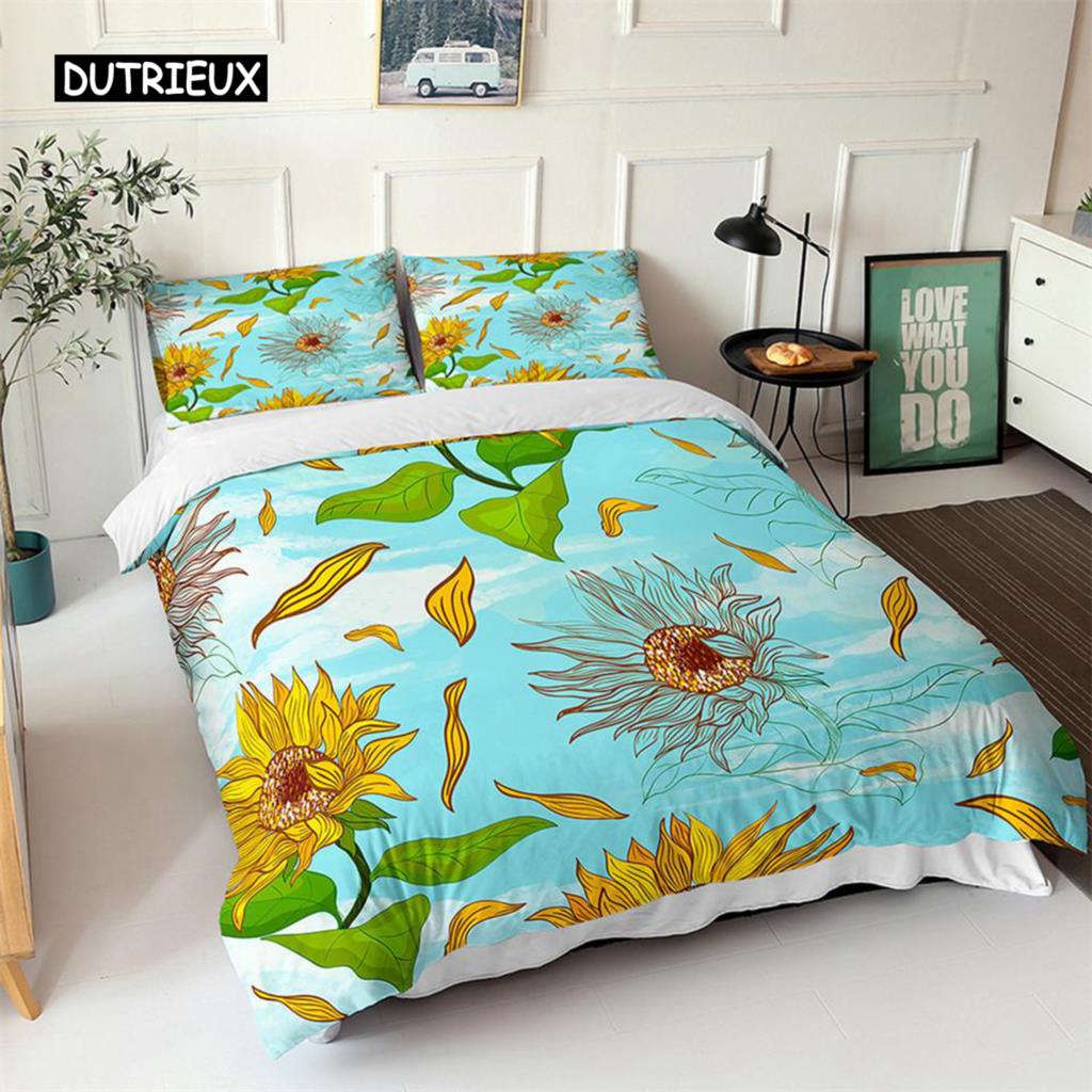 Sunflower Duvet Cover Set Yellow Flower Twin Bedding Set Polyester Black Gold Yellow Sunflowers Print Quilt Cover for Kids Teens
