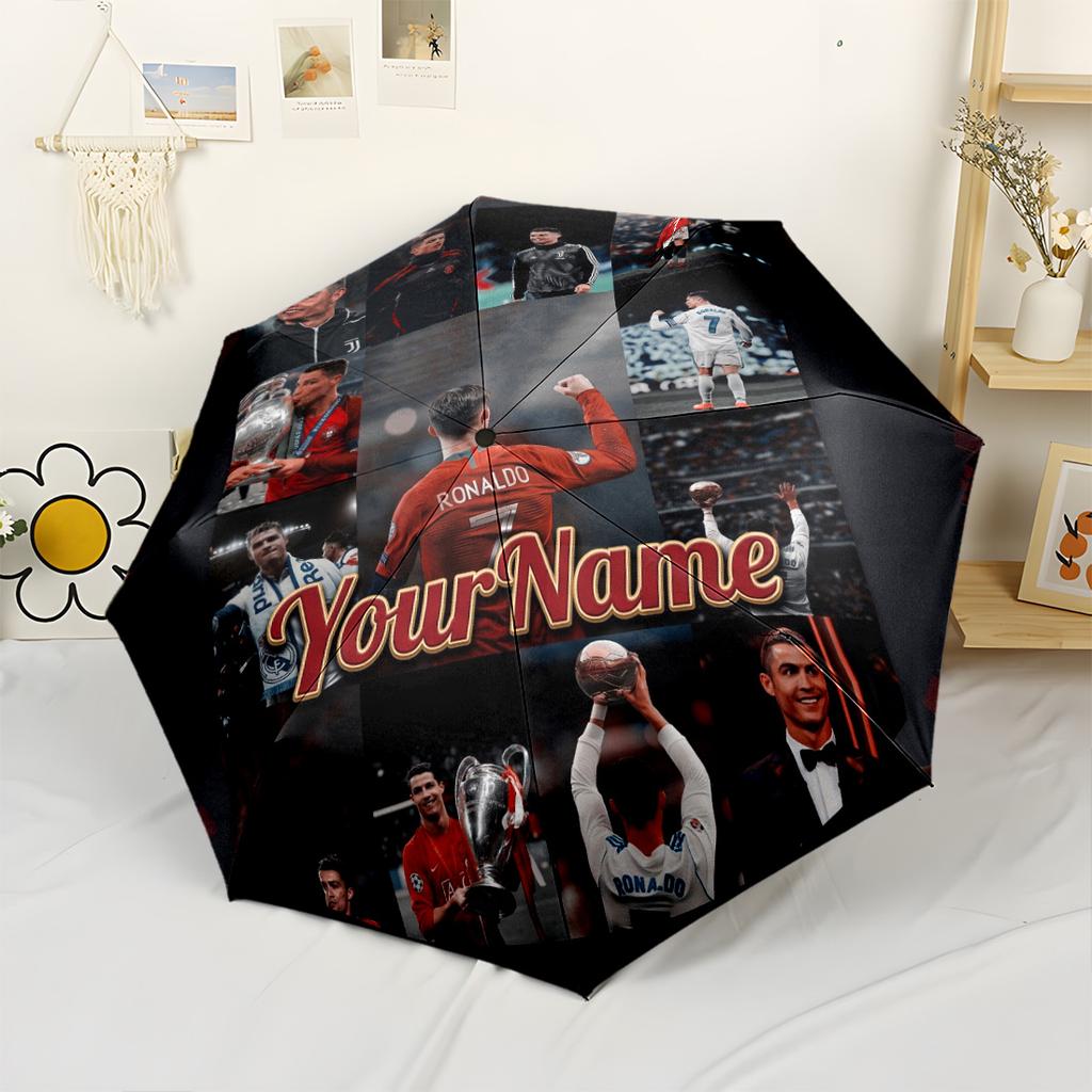 Cristiano Ronaldo Personalized Text Umbrella Portable Automatic Umbrella Compact Durable 8-Rib Lightweight All-Season Umbrella for Travel