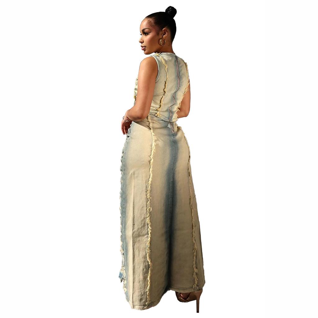 Women's Denim Skirt and Vest Set – European & American Handmade Distressed Style with High Slit