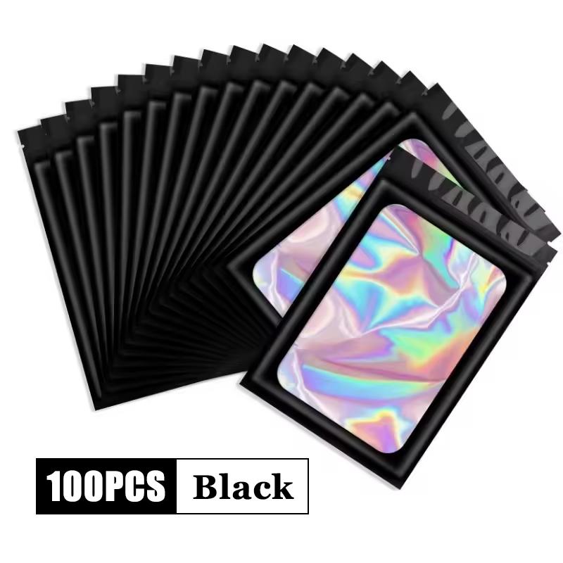 100Pcs Holographic Ziplock Bag Plastic Laser Iridescent Zip Bags for Manicure Eyelash Display Earrings Ring Jewelry Storage Bags