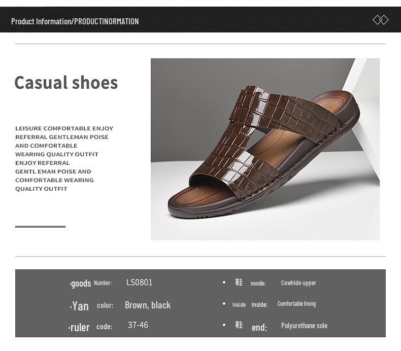 Men's Korean Style Embossed Cowhide Flip-Flops - Crocodile Pattern Single Strap Beach Sandals