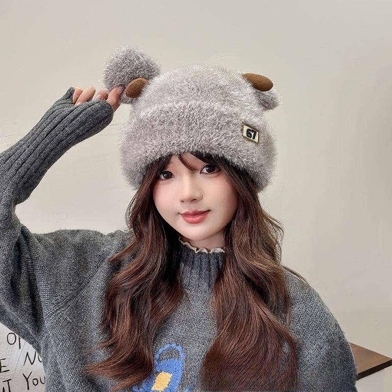 Sweet and Cute Plush Antler Knitted Hat for Women In Autumn and Winter Warmth and Thick Ear Protection Versatile Face Showing Small Knitted Hat