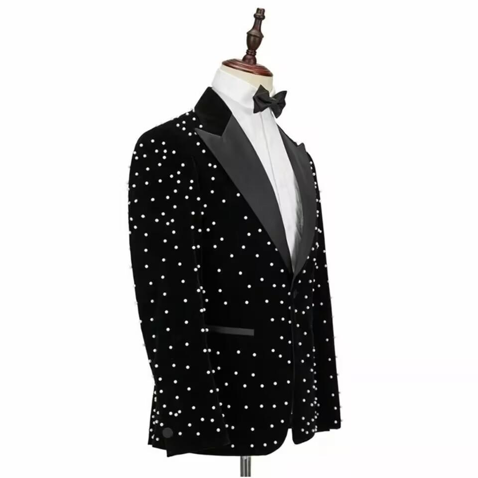 Men's Suits 2 Pieces Velvet Blazer Black Pants Single Breasted Satin Peaked Lapel Pearls Wedding Formal