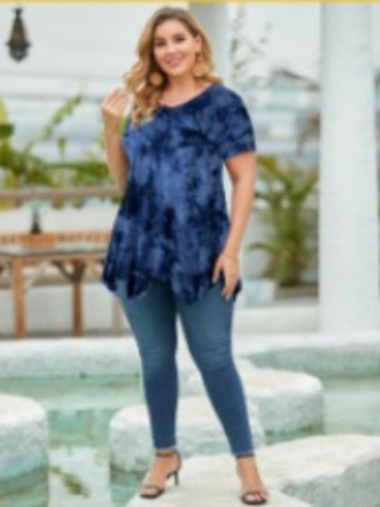 Women's V Neck Short Sleeve Tie Dye Print Loose Fit T-shirt with Asymmetrical Hem in Multi Colors