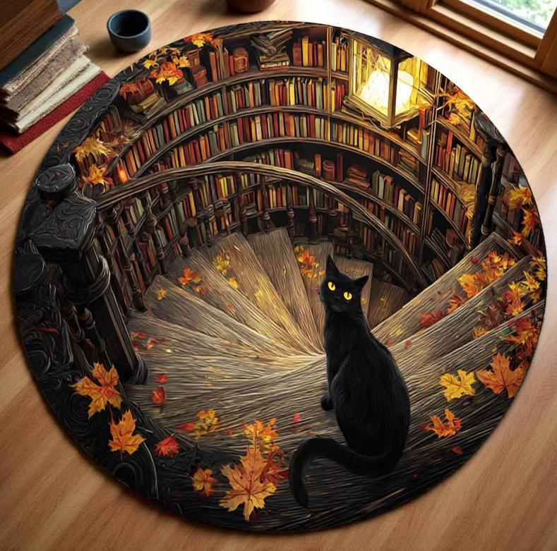 Vintage Fantasy Round Carpet Spiral Staircase Bookshelf Black Cat Design Rug Anti-slip Water-absorbing for Living Room Bedroom
