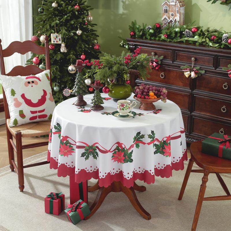New Christmas Round Tablecloth Red Waterproof and Dustproof Holiday Decoration Table Cloth Stain Resistant and Wrinkle Resistant