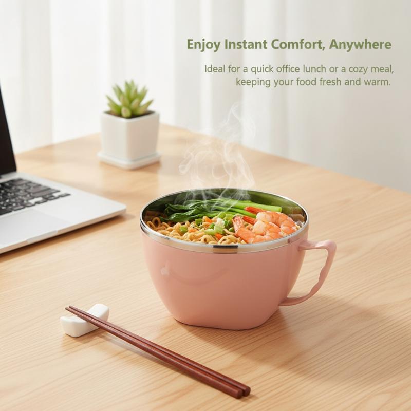 1Pc Stainless Steel Bowl With Handle Solid Color Anti Scalding Instant Noodles Mixing Bowl Kitchen Tableware Food Accessory