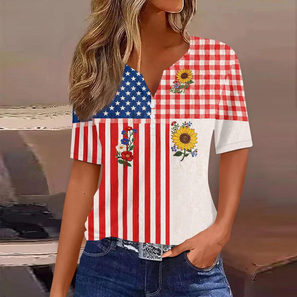 Women's Fashion Casual Independence Day Print V-Neck Short Sleeve Button-Up T-Shirt Top