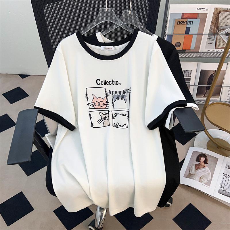

Round Neck Plus Size Mid-Length Short Sleeve T-Shirt for Women 7XL чёрный