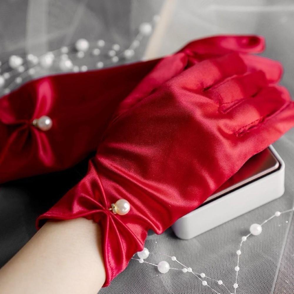 Pearl Decorative White Satin Bridal Gloves Solid Color Women Silk Gloves  Ladies