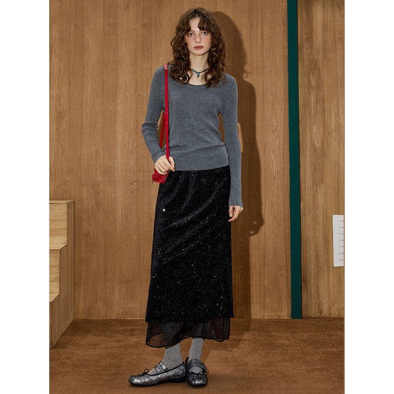 Coolhut Black Silk French Sequin Shiny High-Waisted Straight Elegant Long Skirt Workwear New Winter Skirt for Women