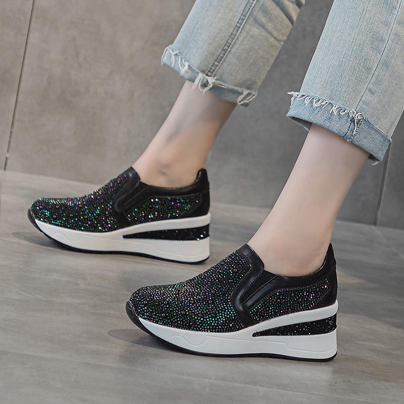 Fashion 7CM Air Mesh Microfiber Leather Platform Wedge Women Bling Bling Autumn Hidden Heels Chunky Sneakers Spring Fashion Boots Shoes