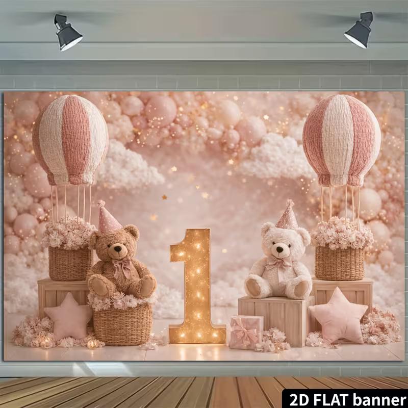 2D Pink Bear & Hot Air Balloon Backdrop, 1st Birthday Photography Background for Baby Shower