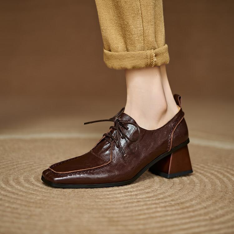 Fashion NEW Spring/Autumn Women Pumps Square Toe Chunky Heel Shoes Concise Genuine Leather Shoes for Women Lace-up Handmade Women Shoes