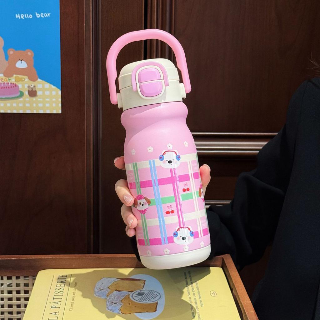 High-value Cartoon Children's Double Drink Bouncing Thermos Cup 316 Stainless Steel Straw Water Cup Handle Pot