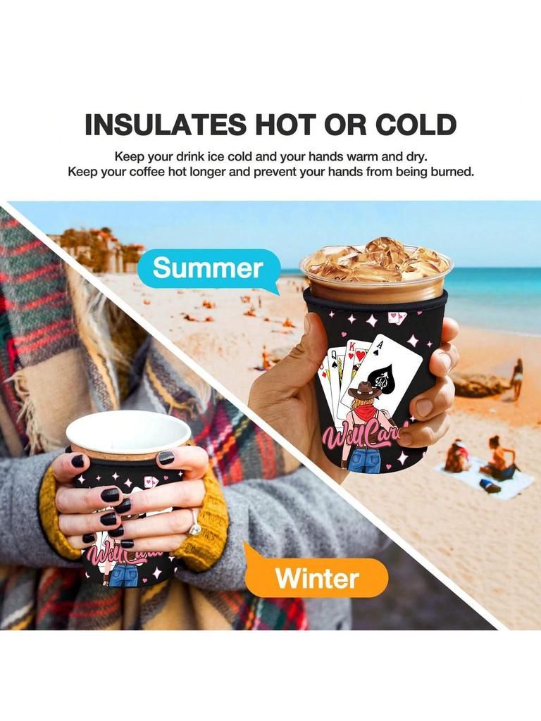 3pcs Pink Cowgirl Casino Paper Reusable Neoprene Insulator Sleeve for Iced Coffee Cups, 3 Pack Coffee Coolies Sleeves for Iced &