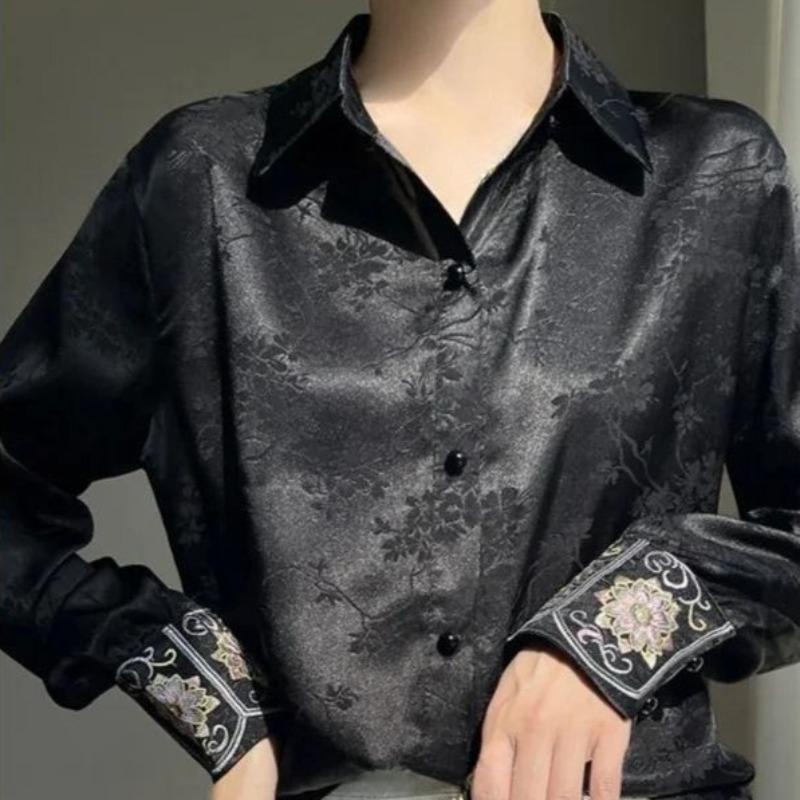 Women's New Jacquard Satin Shirt Lady's Long Sleeved Single Breasted Blouses Turn-down Collar Thin Fashion Versatile Top