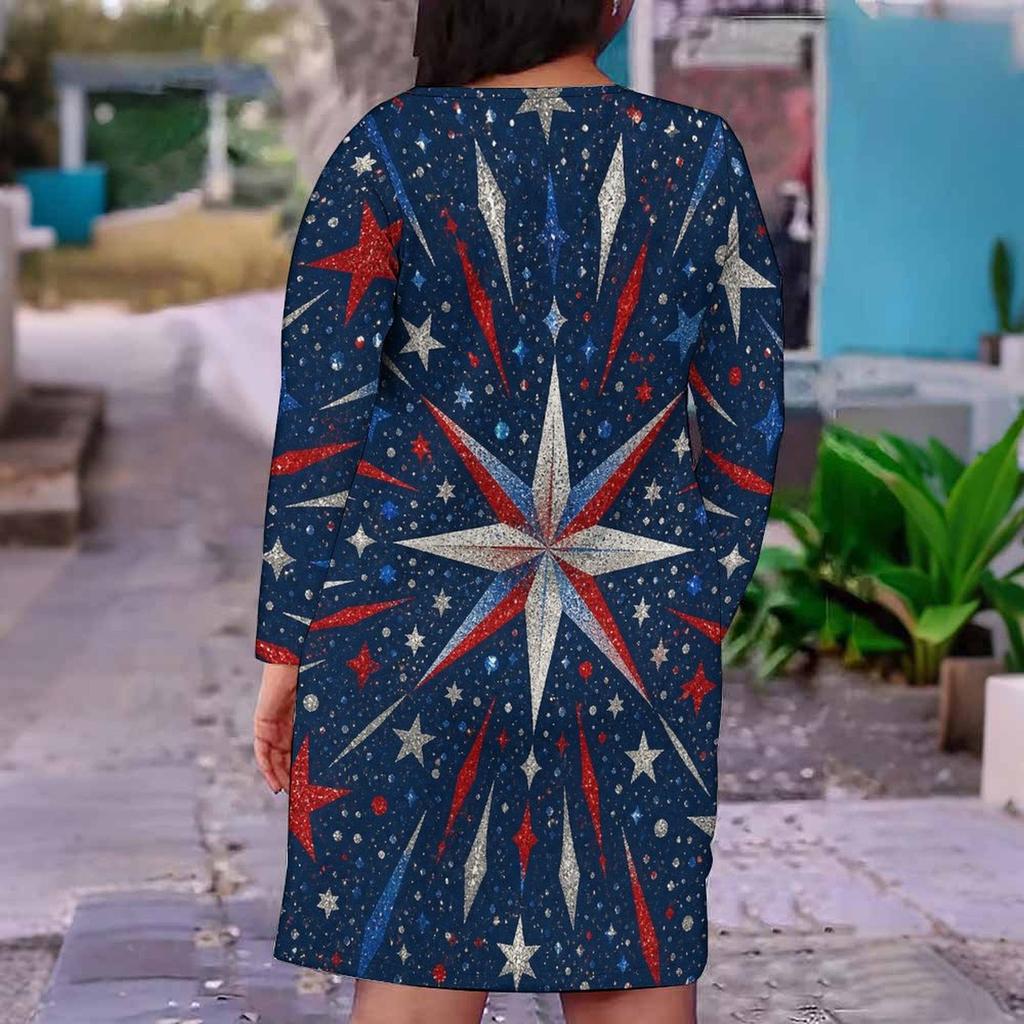 Women Plus Size V Neck Long Sleeve White Red Blue Printed Fitted Dress