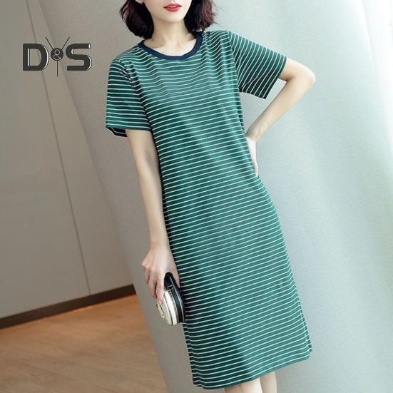 Damen Casual Gestreiftes Mittelkleid Kurzarm Locker Rundhals Sommer Leicht Bequem Büro Strand Partykleid