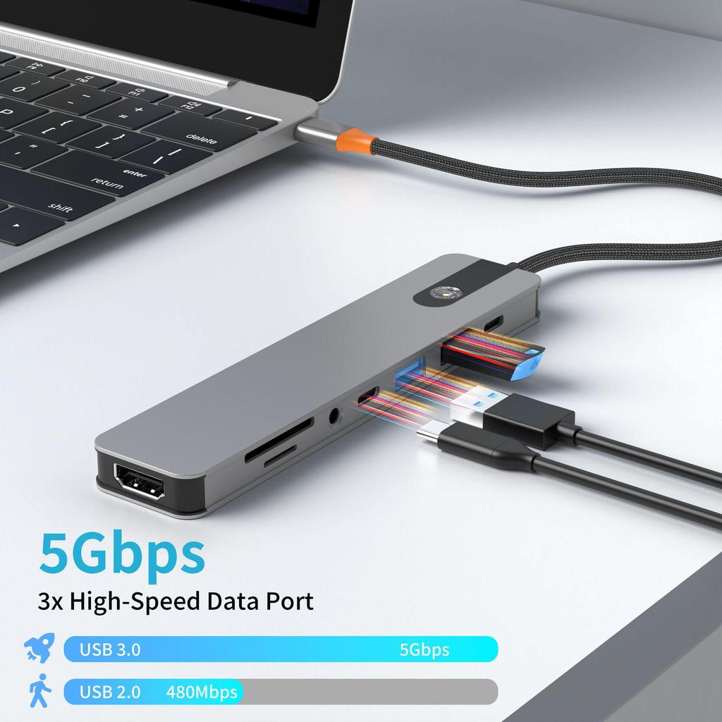 Type-C 8-in-1 Expansion Dock: 4K 60Hz Multi-Function Converter with One-Key Screen Off for Mobile Phones, Tablets, and Computers.
