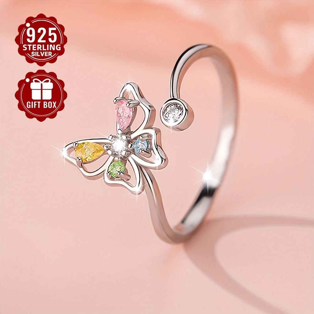 S925925Silver Butterfly Ring, Single Piece, with Colorful Synthetic Zirconia, Adjustable Size, Hypoallergenic, Approx. weight0.06Ounce Suitable for