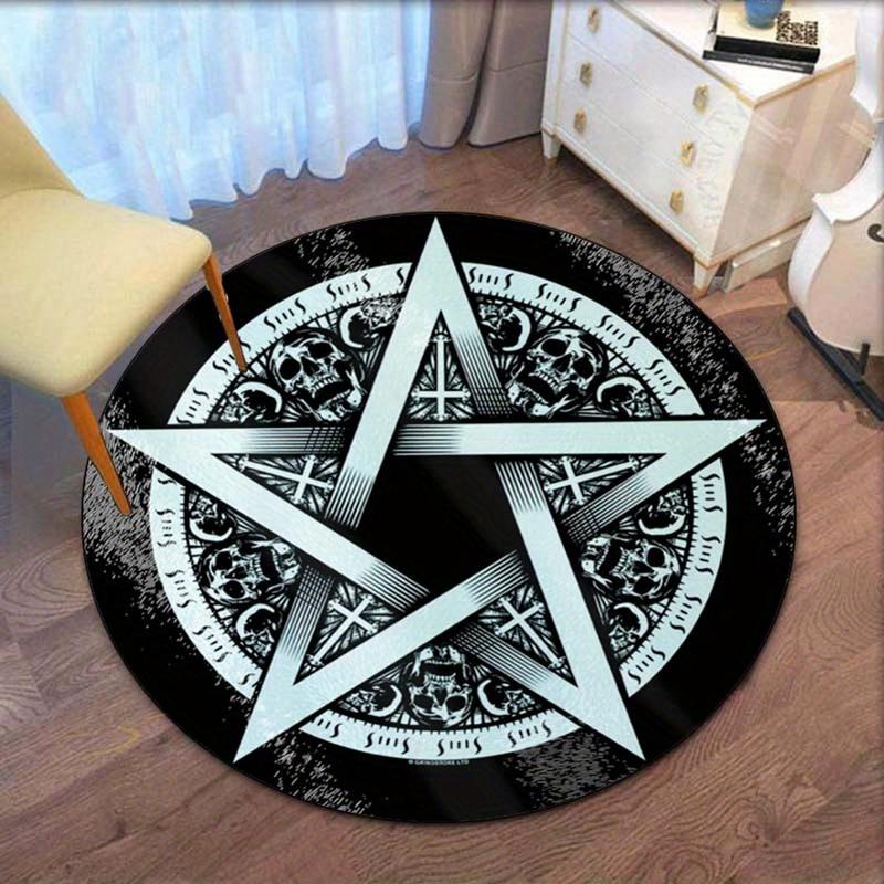1pc Witchcraft Pentagon Skull Print Non-slip Round Rug - Polyester Crystal Velvet Chair Cushion for Living Room, Bedroom