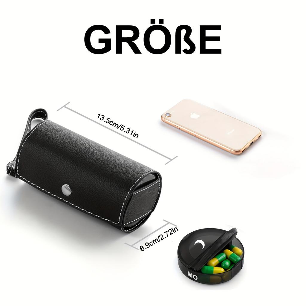 (German printing)Weekly Pill Organizer 2 Times a Day 7 Day Pill Box with PU Leather Case Portable Travel Medication Container