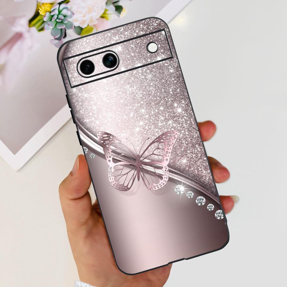 Black Matte Silicone Back Cover For Google Pixel 8A Painting Case Cartoon Lovely Cat Butterfly Flower Bumper Google 8A Soft Etui
