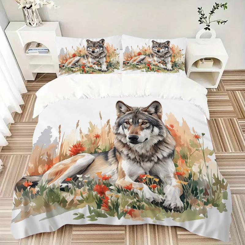 3pcs Wild Wolf amidst Autumnal Wildflowers Print Bedding Set (1 Cover + 2 Pillowcases, Without Inserts), This Printed Bedding Set is Soft and Com