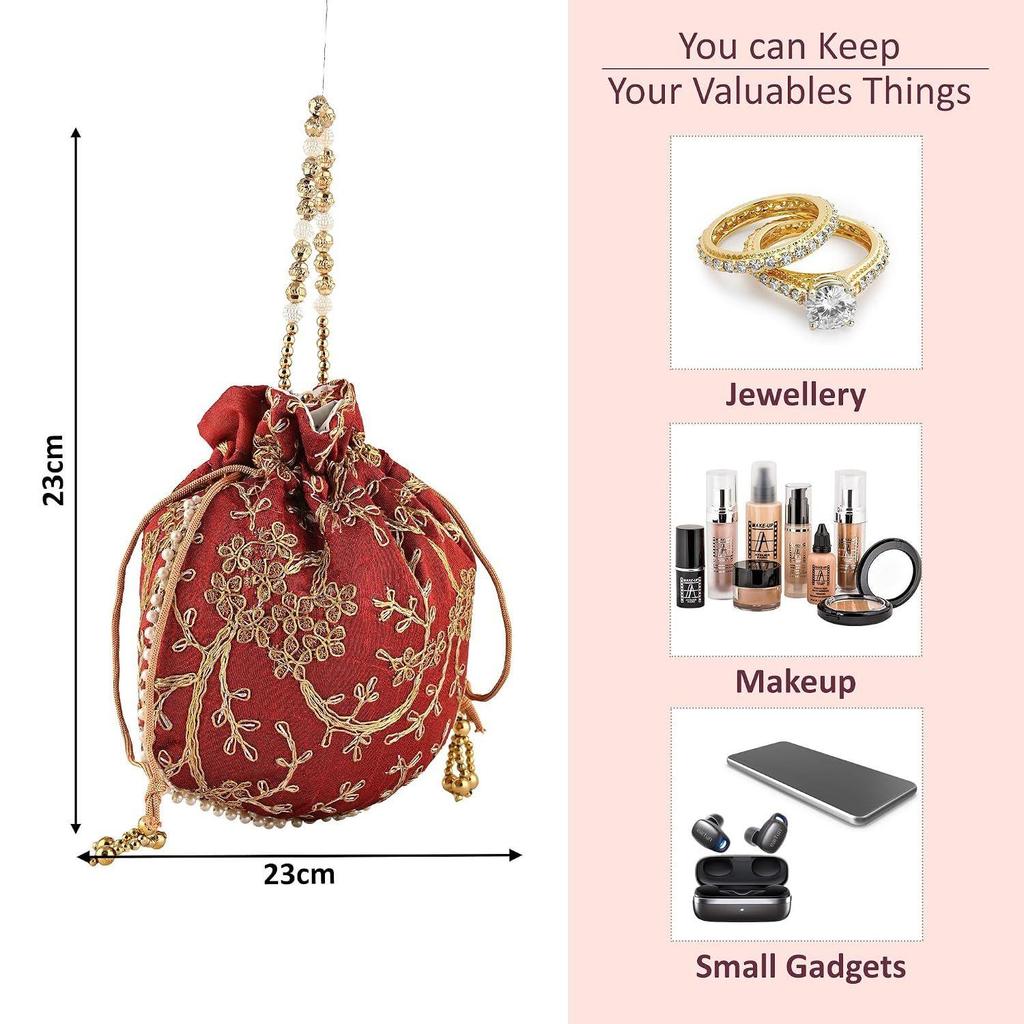 Potli Bags for Ladies & Girls | Women Shagun Pouches for Festive Seasons | Batwa Bag Bridal Purse With Embroidery -Maroon