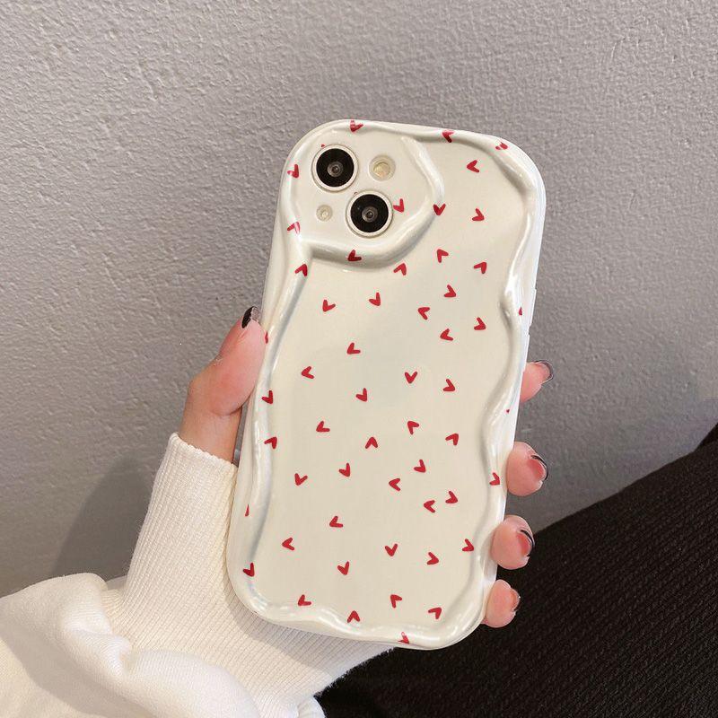 Red Love Heart Phone Case for Apple 12-16 Pro Max, Cream Shell, Cross-Border European and American Design