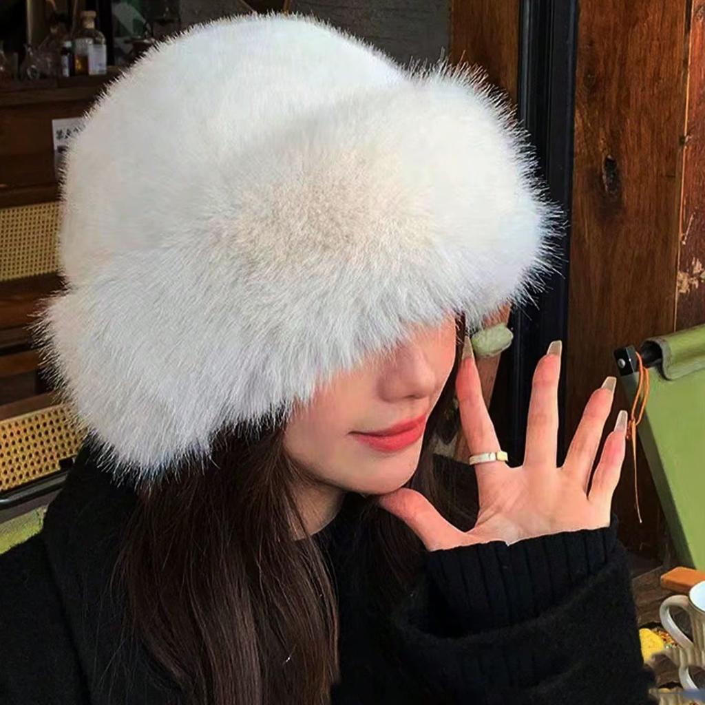 New Fluffy Fur Bucket Hat Warm Women'S Winter Hat Plush Fisherman Hat Thicken Cold Snowy Day Panama Cap Outdoor Snow Activity