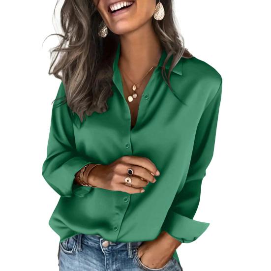 Women Satin Shirt Pure Color Loose Fit Imitation Silk Shirt Lapel Long Sleeve Buttons Placket Tops Business Casual Daily Wear